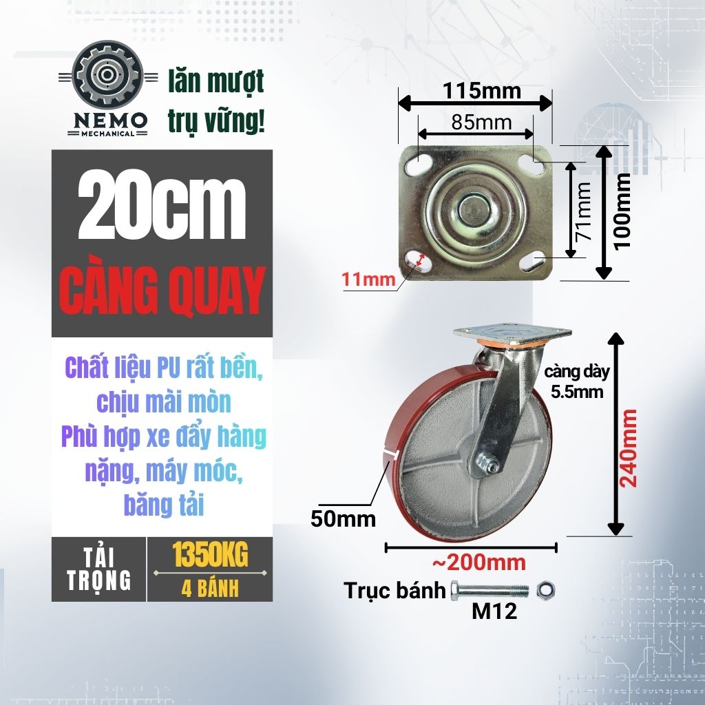 Bánh Xe PU Lõi Sắt Tải Nặng – Khung Càng Thép 5.5mm (D100, D125, D150, D200)